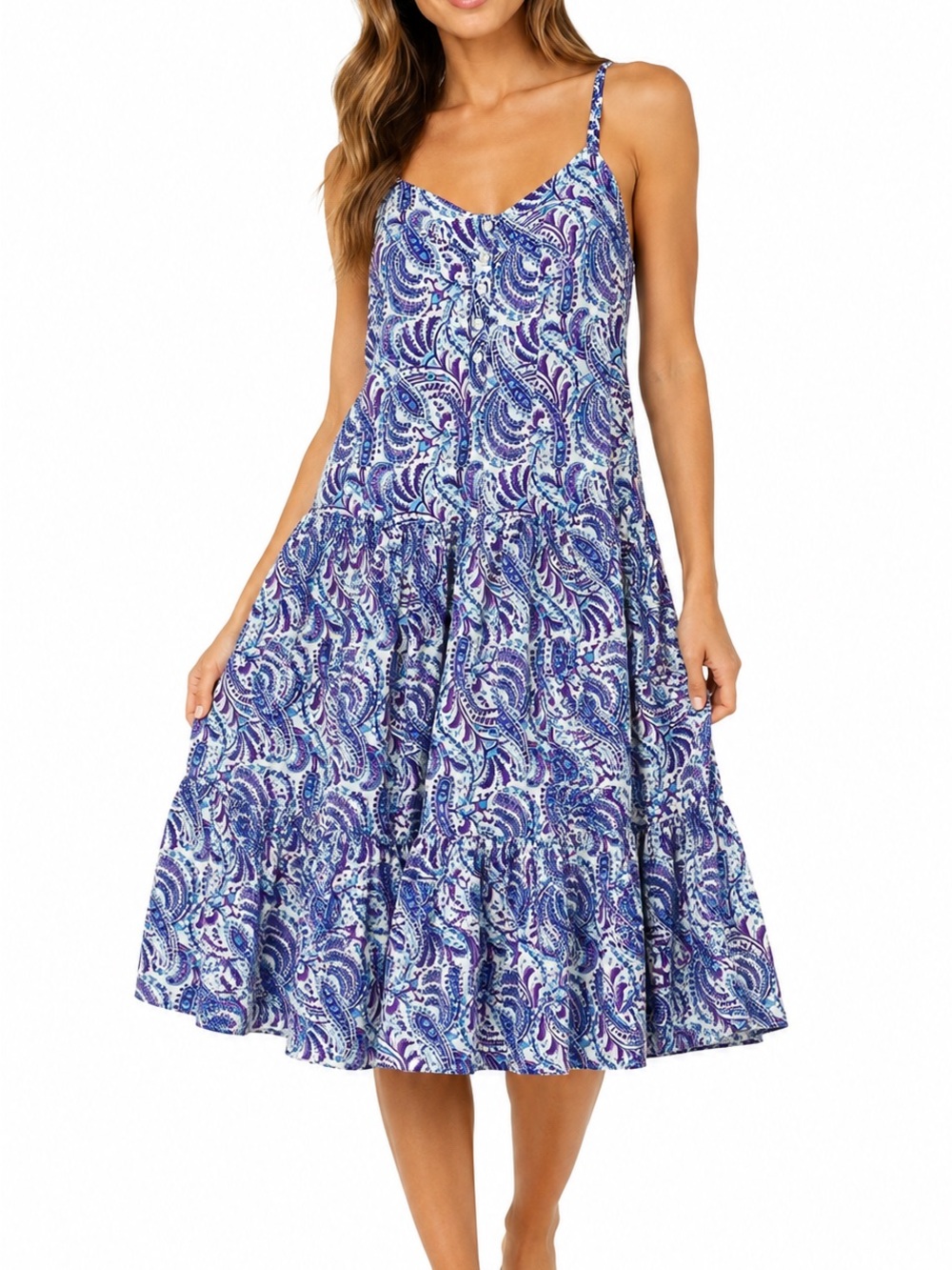 J.‎ Crew Blue Paisley Tiered Midi Dress with Spaghetti Straps